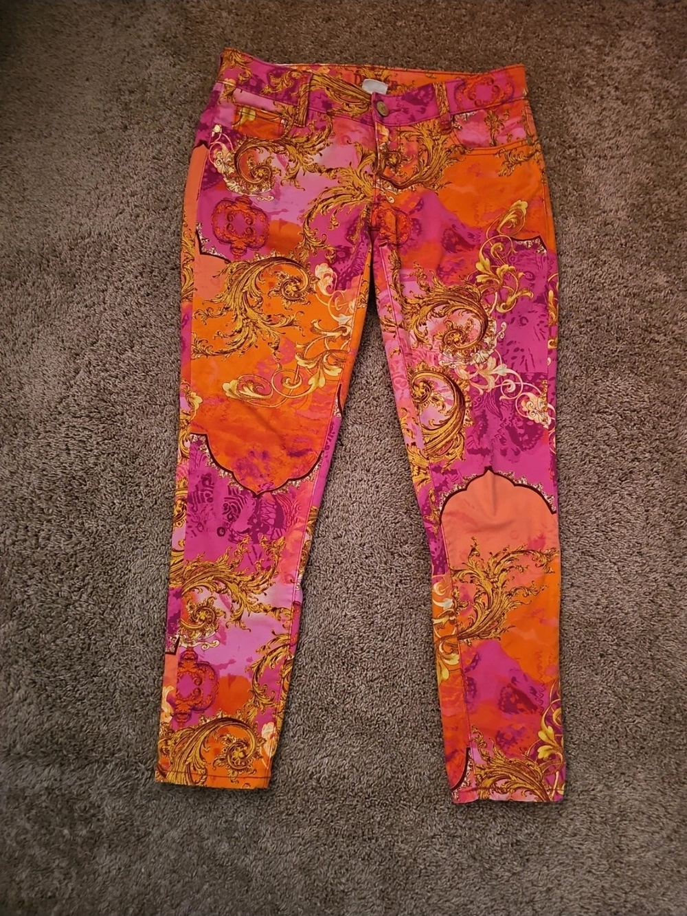 Vibrant Pink & Orange Baroque Skinny Jeans - Bold Statement Fit